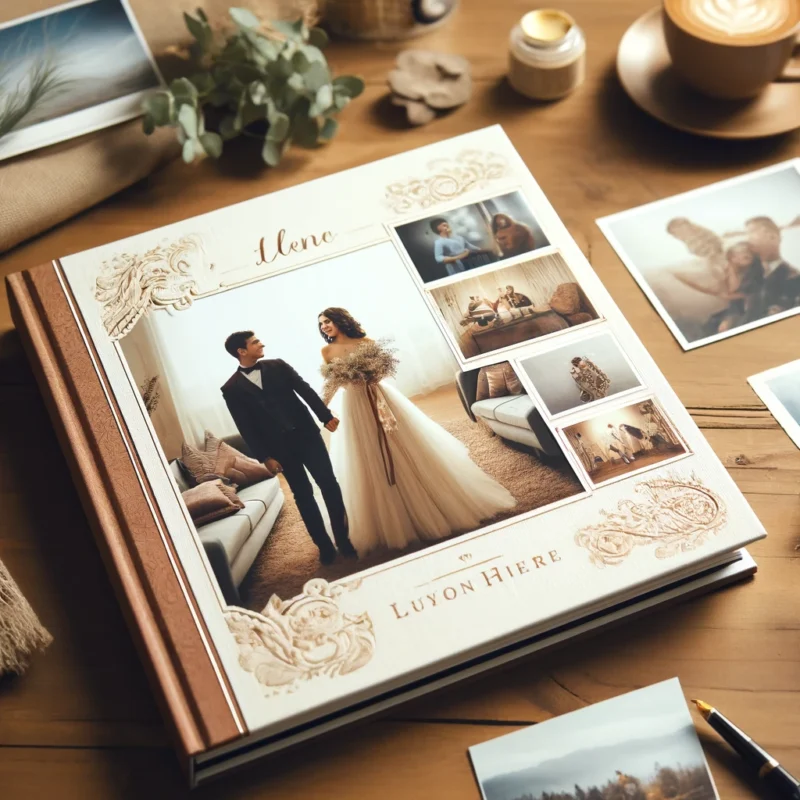 A beautifully designed customized photo book with a hardcover. The book is open, displaying a collage of family photos on one page and a single large