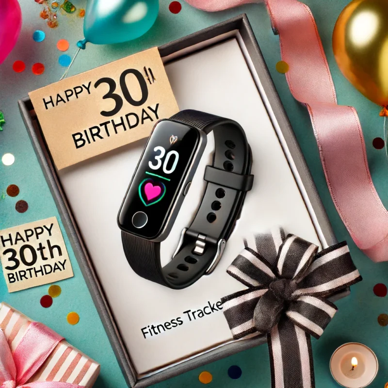 A sleek and modern fitness tracker presented as a 30th birthday gift. The fitness tracker has a stylish design with a black band and a vibrant touchsc