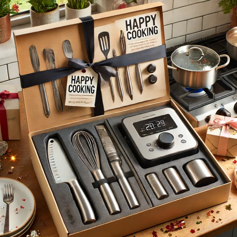  A beautifully arranged gift box containing high-end cooking equipment as an upgrade for a home chef. The box includes a professional chef's knife